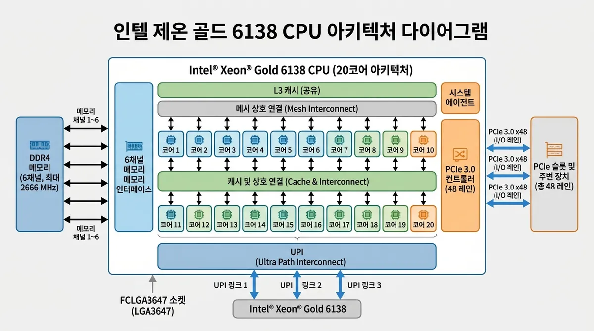 인텔 제온 골드 6138 CPU 내부 아키텍처 — 20코어, FCLGA3647 소켓, 6채널 DDR4 메모리 구조