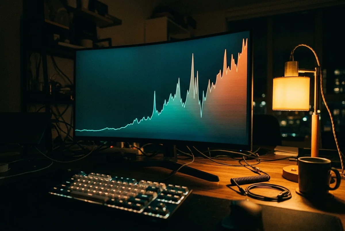 어두운 개발자 책상 위 와이드 모니터에 토큰 사용량이 가파르게 치솟는 그래프가 표시되고, 옆으로 따뜻한 탁상등이 켜져 있는 분위기