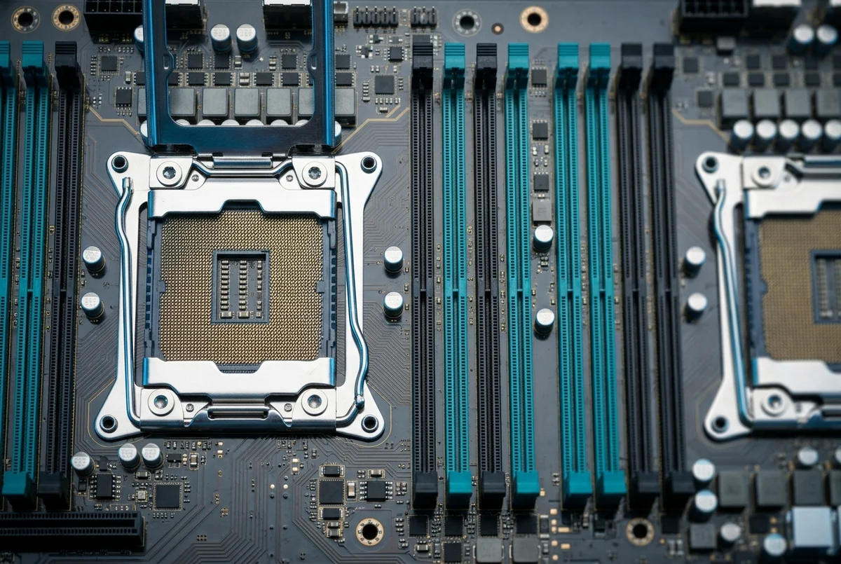 두 개의 LGA 3647 CPU 소켓과 양쪽에 늘어선 16개 DIMM 슬롯이 보이는 듀얼 제온 서버 메인보드의 탑다운 매크로 사진