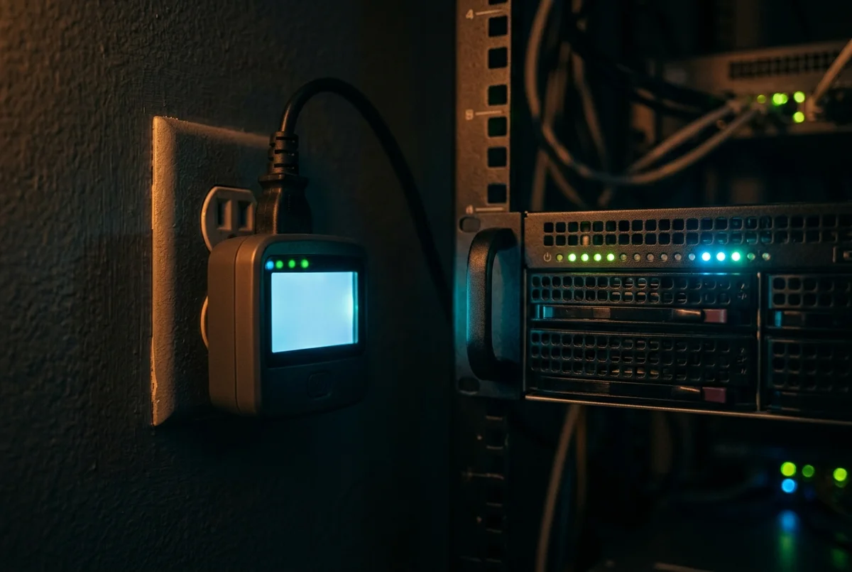 어두운 홈랩 공간에서 콘센트에 꽂힌 디지털 와트미터와 그 옆 서버 랙의 녹색·청색 LED가 은은히 빛나는 장면